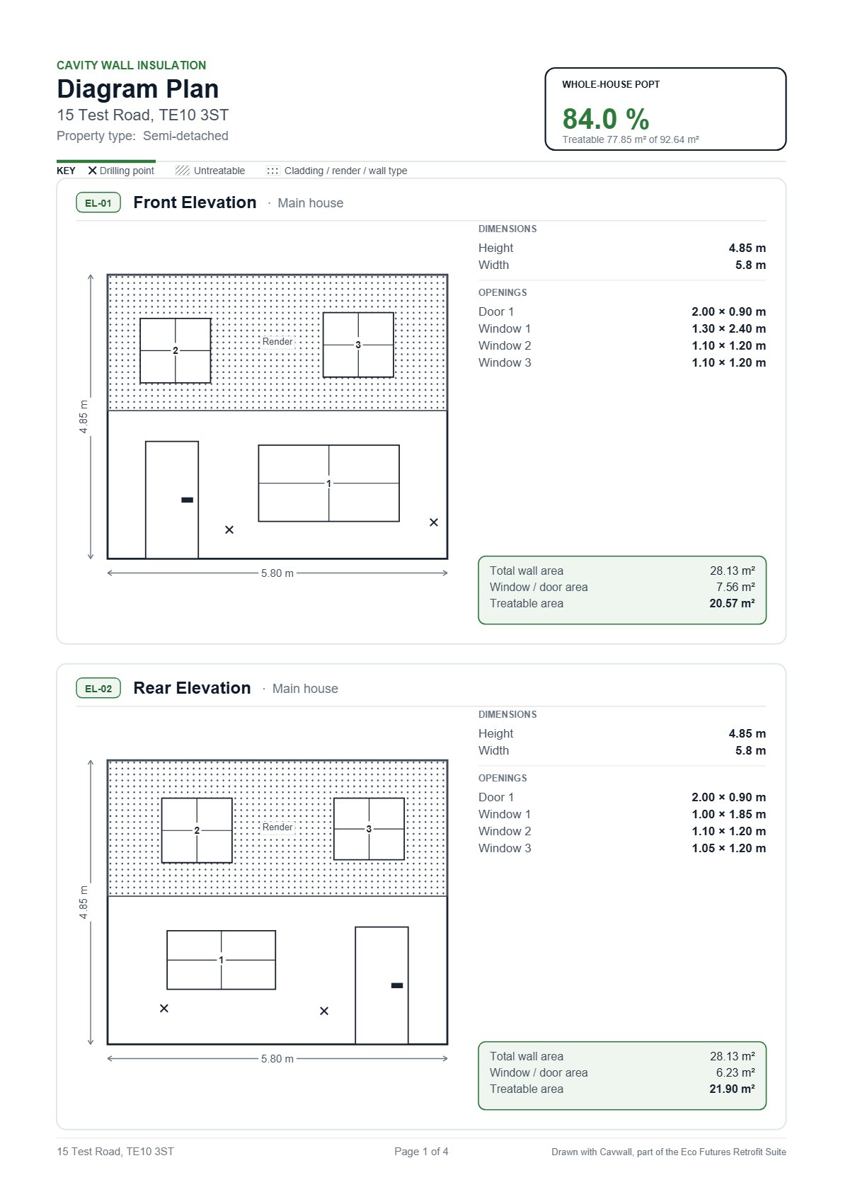 The first page of an exported plan: front and rear elevations drawn to scale with their schedules and totals.