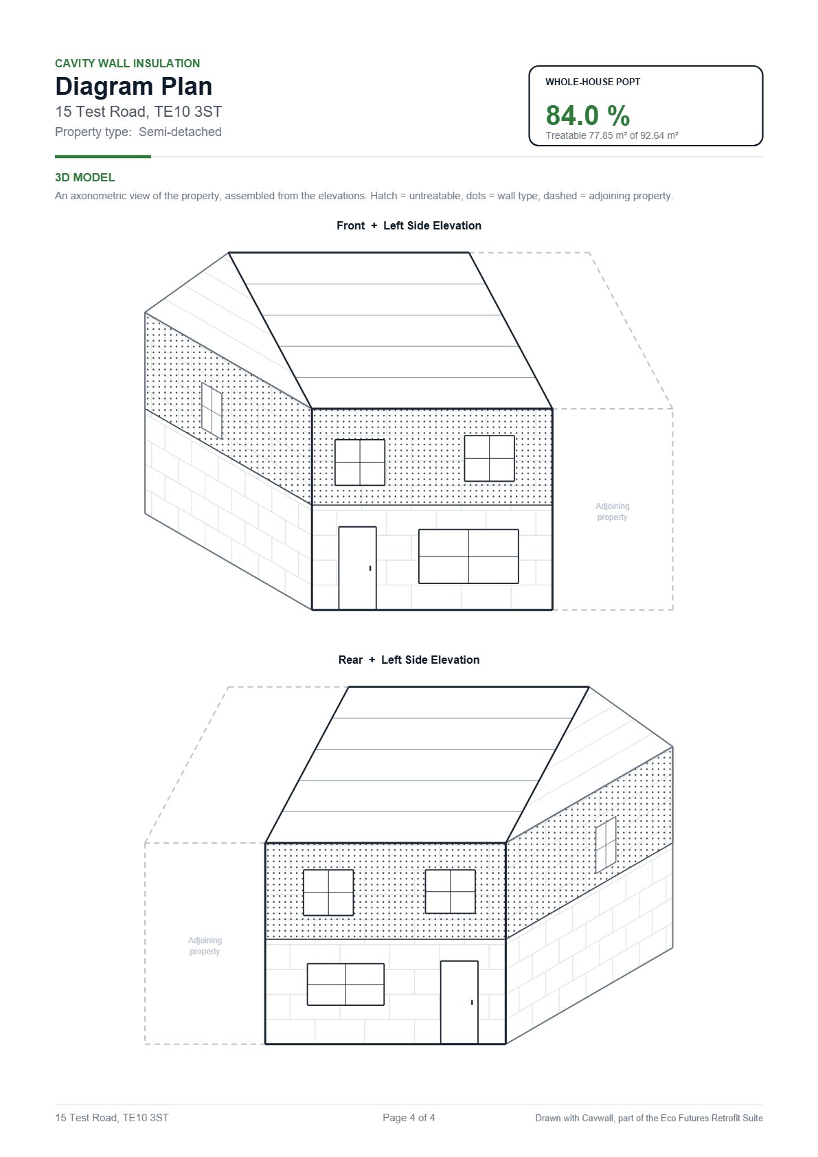 The last page of an exported plan: a 3D model of the house assembled from its elevations, with the whole-house POPT.